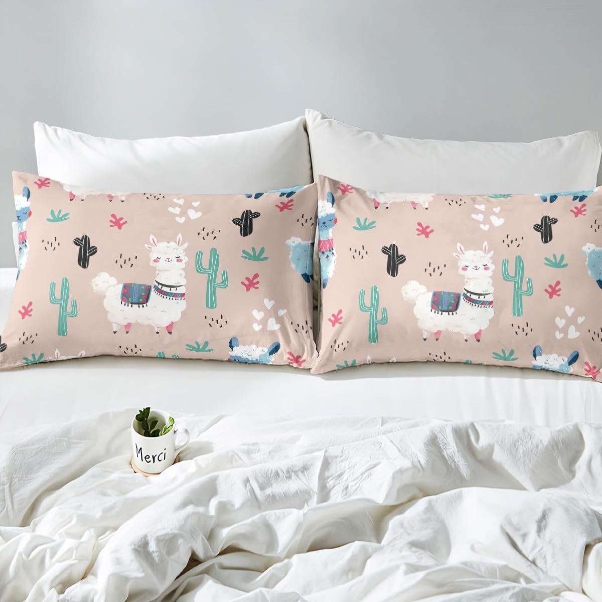 Manfei Cute Alpaca Duvet Cover Set Queen Size, Cartoon Llama Comforter Cover with 2 Pillowcases, Tropical Plant Cactus Bedding Set 3pcs for Kids Boys Girls, Lightweight Bedspread Cover,No Comforter