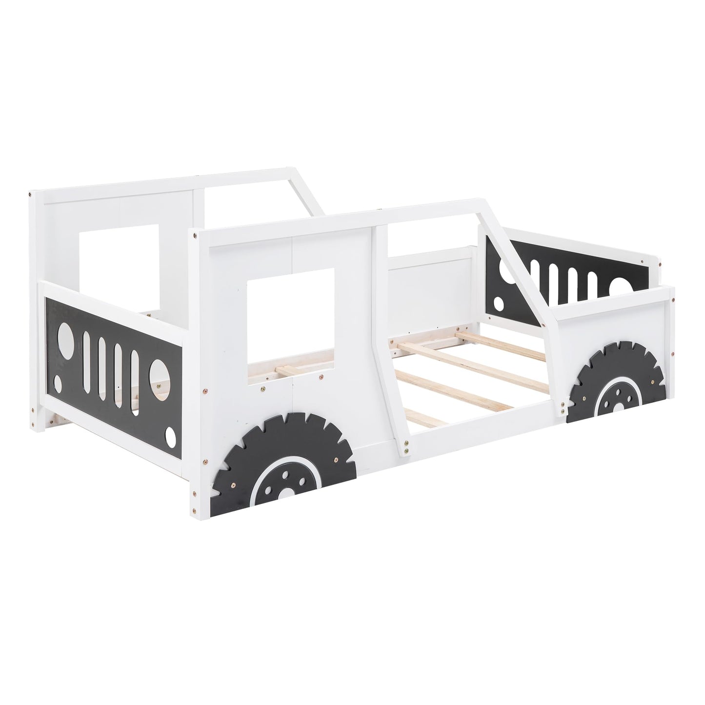 Bellemave Twin Size Car Bed, Classic Car-Shaped Platform Bed with Wheels, Wood Twin Montessori Floor Bed for Kids Boy Girls (White+Black)