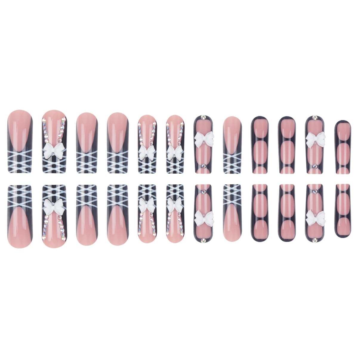 plalely Square Press on Nails Long Black Fake Nail 3D Bow and Rhinestones Acrylic Nail Press ons Stripes Stick on Nail for Women 24pcs