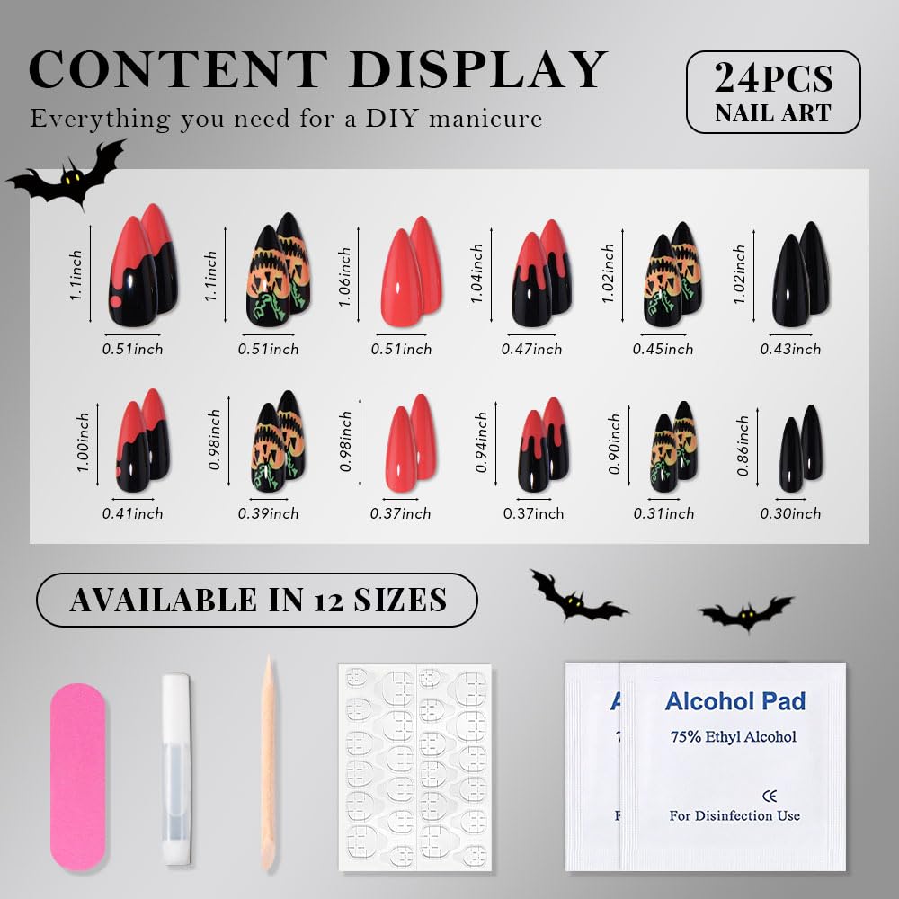 Halloween Press on Nails Medium Almond with Horror Design, Medium Almond Red Black Artificial Fake Nails with Ghost Pumpkin Designs, Perfectly Fit Soft Gel Full Cover Glossy Stick on Nail for Women