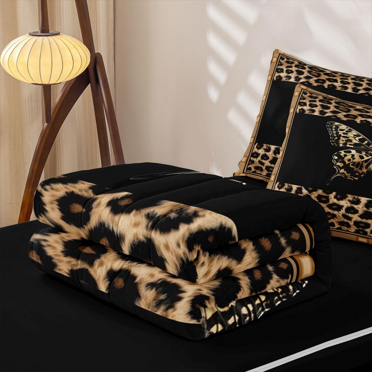 Feelyou Cute Brown Butterfly Zipper Bedding Leopard Print Comforter Set for Kids Boys Girls Queen Size Modern Animal Fur Print Zippered Kids Bedding Set Ultra Soft Cheetah Decor Bed in a Bag