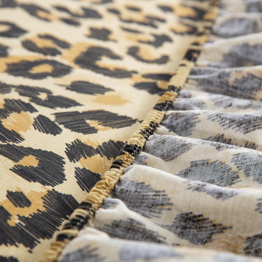 DAUAOTO King Size Printed Sheets Set, 100% Cotton Bedding Sets, Up to 14" Deep Mattress, Modern Pattern Bedlinen Set, Leopard Yellow
