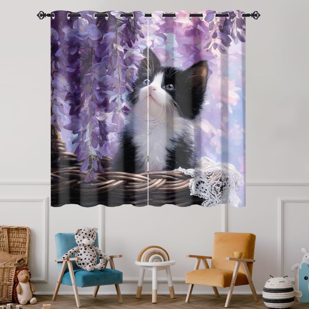 XSUPFLYM Colorful Beautiful Cute Kitten Window Perforated Curtains Funny Watercolor Spring Garden Lilac Flowers Animal Cat Thermal Curtains Suitable for Bedroom Living Room 2 Panels.Each 21"W x 45"L