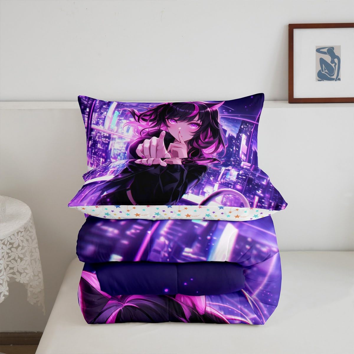 Erosebridal Kids Anime Girl Twin Size Bedding Set, Japanese Anime Comforter Set, Cartoon Girl Duvet Insert for Boys Teens Bedroom Decor, Kawaii Japanese Animation Quilt with 1 Pillow Case