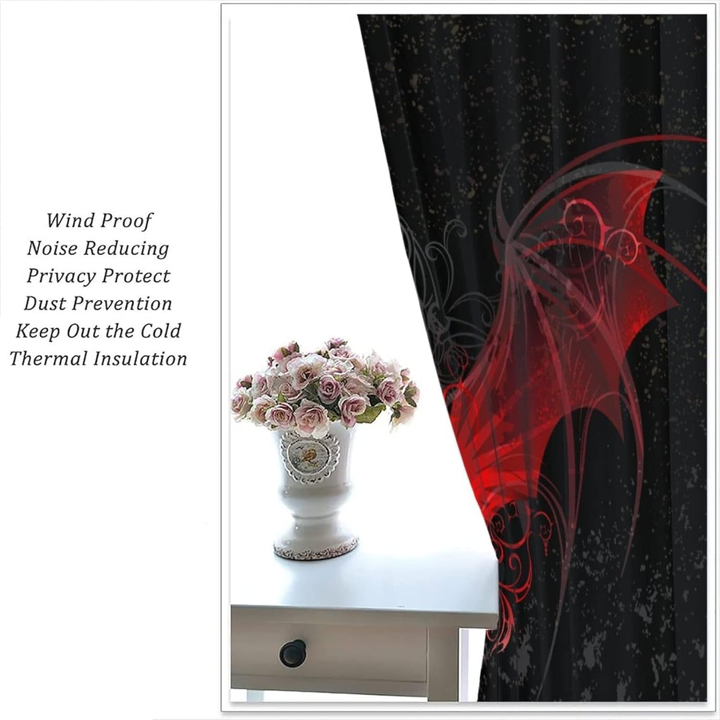 HZOHNAGO Gothic Curtains Red Bat Pattern Blackout Print Rod Pocket Window Drapes for Bedroom Living Room 42x45in