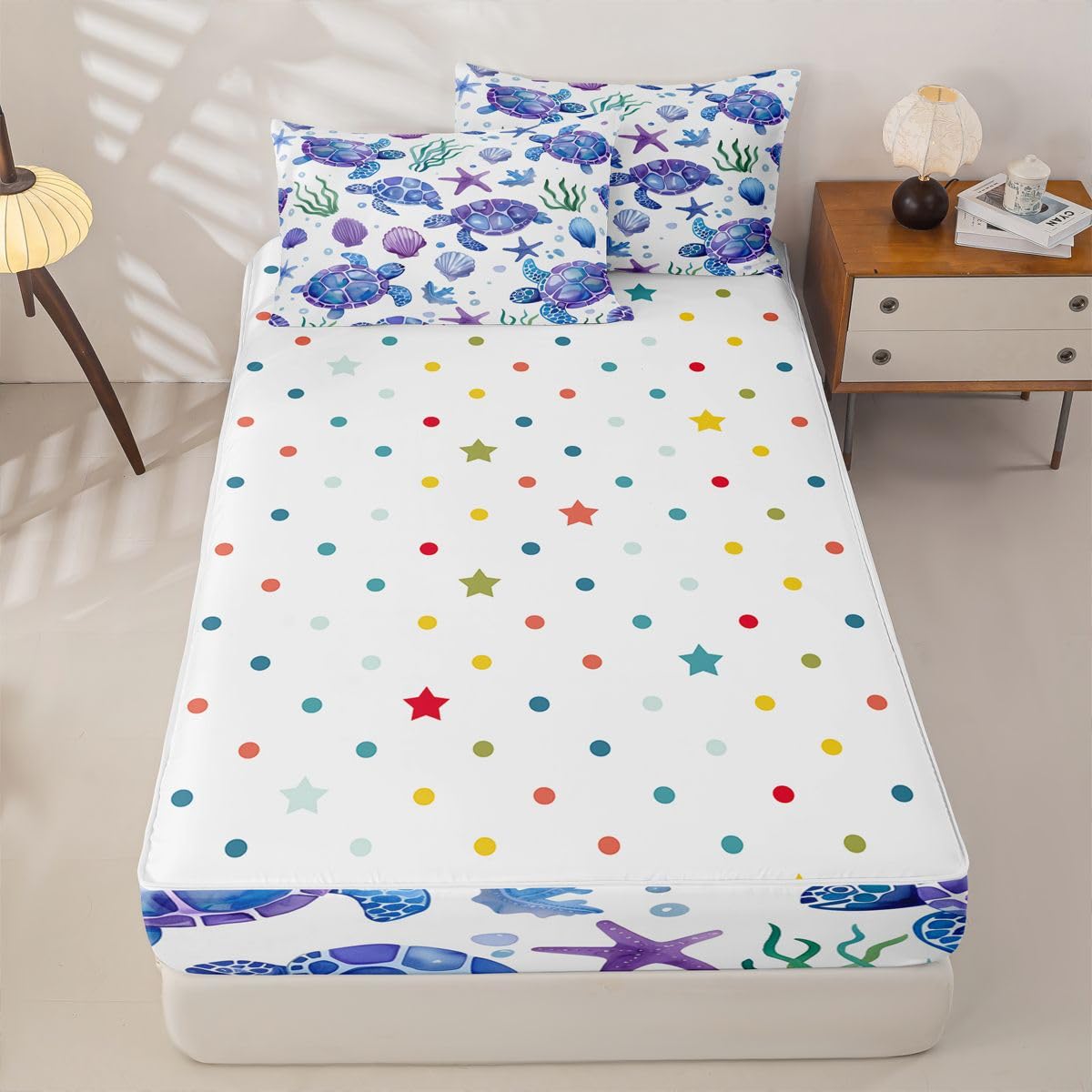 jejeloiu Sea Turtle Comforter Set Twin Size Zipper Bedding Set for Girls Boys Seaweed Comforter with Fitted Sheet, Pillowcases Ocean Creature Zipper Bedding Soft Breathable Underwater Bed in a Bag