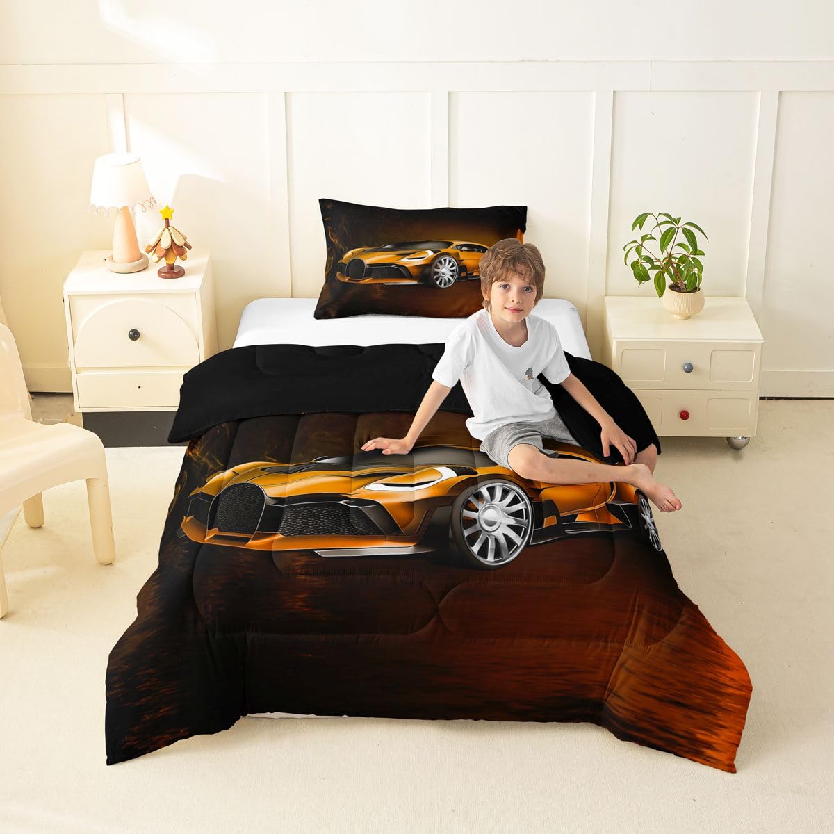 Feelyou Race Car Comforter Toddler Twin, Orange Racecar Bedding Set for Kids Boys Girls Down Duvet Insert Set Cool Speed Sports Car Bedroom Decor Quilt Comforter with 1 Pillowcase Warm Bedding