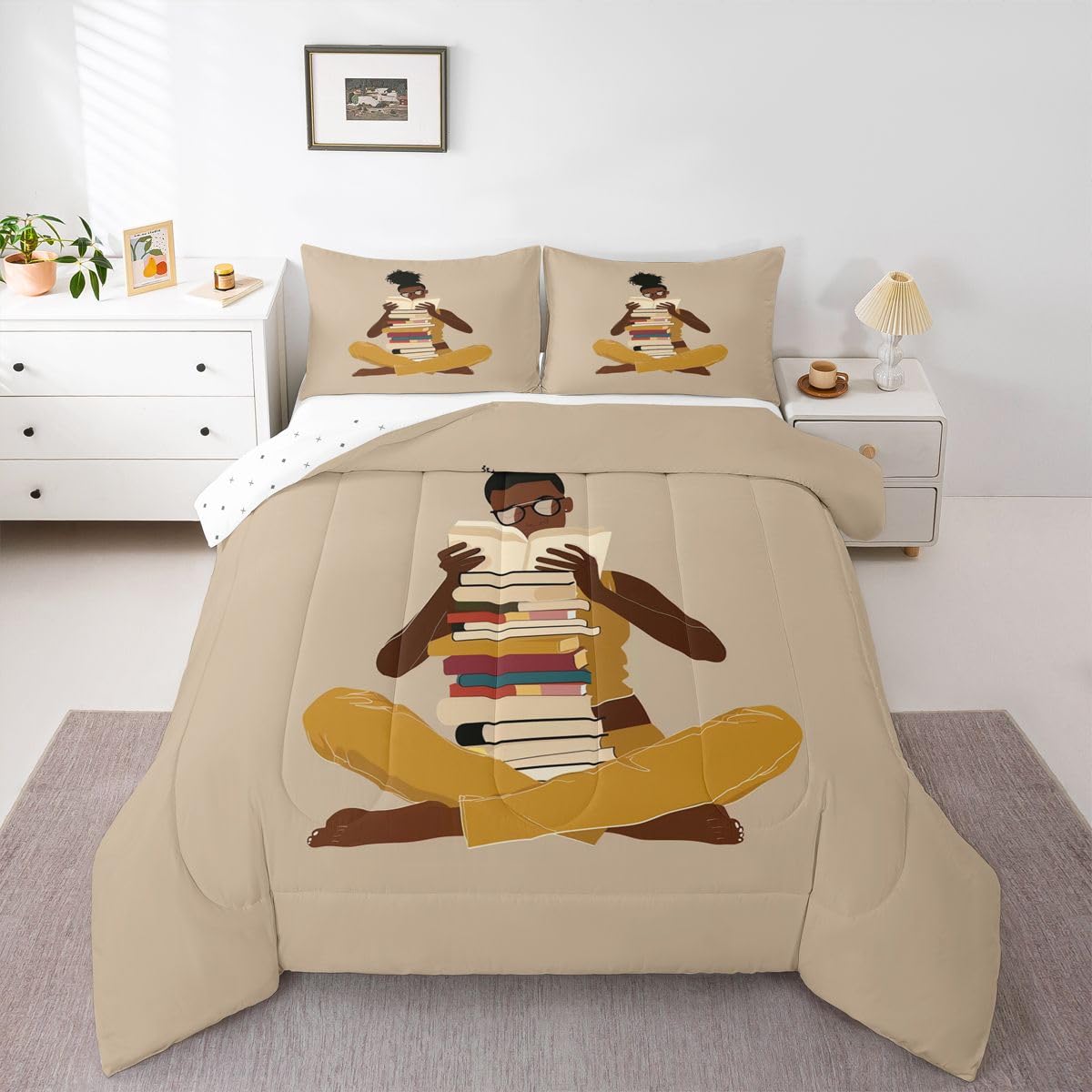 jejeloiu Black Girl Bedding Set Soft for Boys Girls, African American Comforter Set Toddler Size Book Reading Study Duvet Quilt Microfiber Bedroom Decor 2 Pcs with 1 Pillow Cases