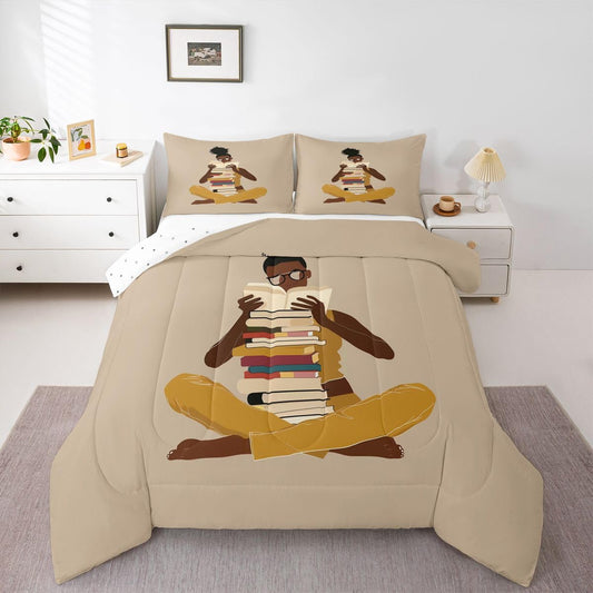 jejeloiu Black Girl Bedding Set Soft for Boys Girls, African American Comforter Set Toddler Size Book Reading Study Duvet Quilt Microfiber Bedroom Decor 2 Pcs with 1 Pillow Cases
