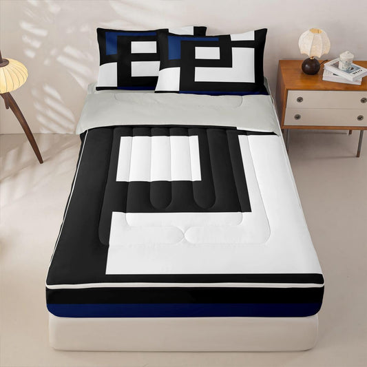 Erosebridal Blue Black and White Striped Zipper Comforter Set Twin Square Abstract Bedding Set Modern Stripes Bold Lines Bed in a Bag Minimalist Stylish Plaids Zippered Quilt Fitted Sheet