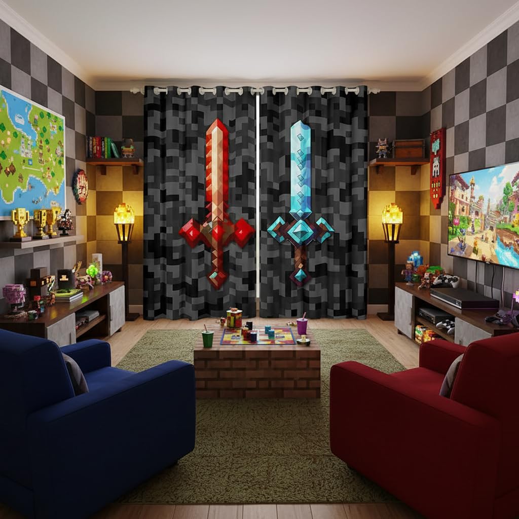 Castle Fairy Red Blue Sword Bedroom Decor Curtains,Sandbox Building Games Window Curtain,Kids Teens Pixelated Style Swords Window Treatment Grey Black Camo Blackout Drapes 2 Panels,38Wx54L