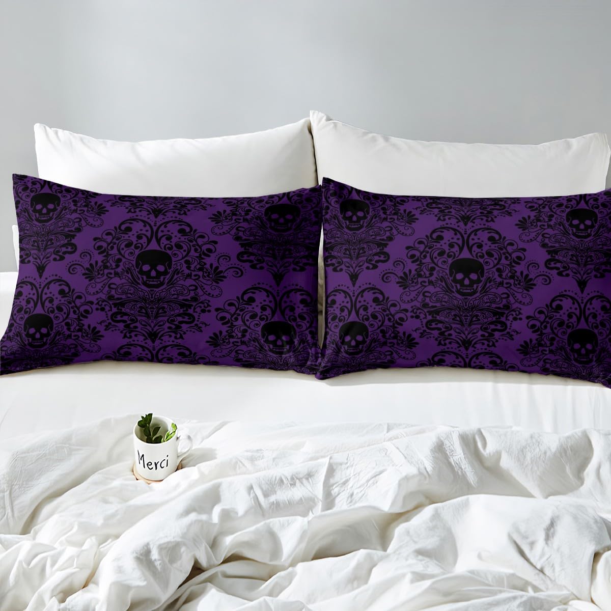 Feelyou Gothic Skull Bed Sheets Set Full Size Damask Print Deep Pocket Fitted Sheet Goth Bohemian Bedding Sets Black Purple Soft Bed Set 4Pcs with 2 Pillow Cases