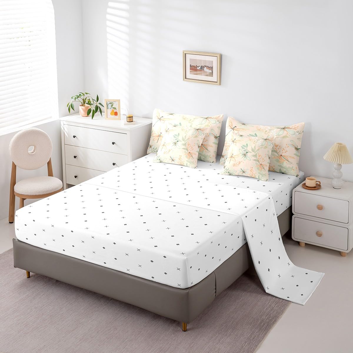Erosebridal Dragonfly Full Bedding Sets 7-Piece Chic Animal Comforter Set Green Plants Comforter Set with Sheets Spring Theme Bed in A Bag,Beige Bed Sheets Set Butterfly Kids Girls Room Decor
