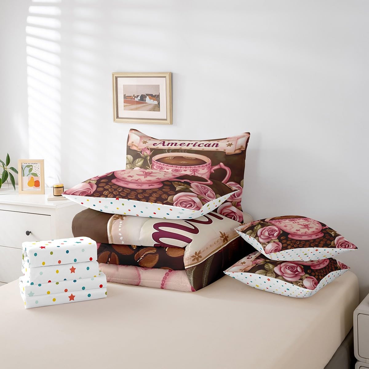 Erosebridal American Coffee Comforter Set Full Size,Oil Painting Rose Bedding Set for Kids Teens,Coffee Bean (Comforter+Fitted+Flat Sheet+2 Pillowcases+2 Throw Pillow Covers) 7 Pieces Bed Set