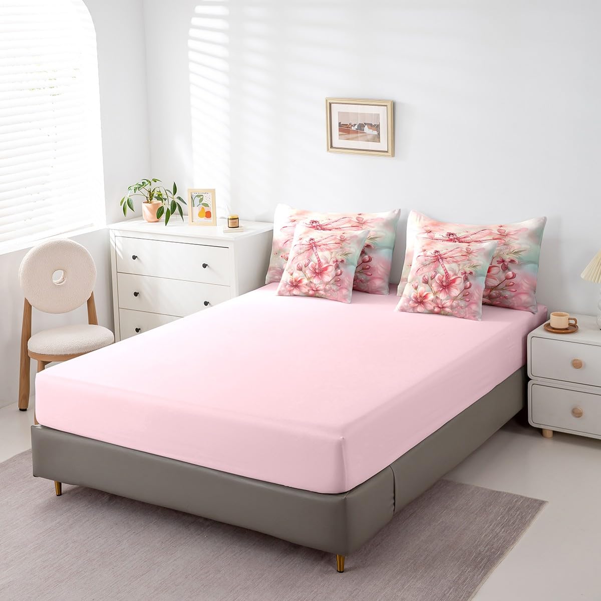 Erosebridal Pink Dragonfly Comforter Set Queen,Water Lily Floral Bedding Set 7Pcs for Kids Girls Women Lady,Dreamy Fairy Princess Style Bed in a Bag,Geometric Flying Wild Animal Quilt