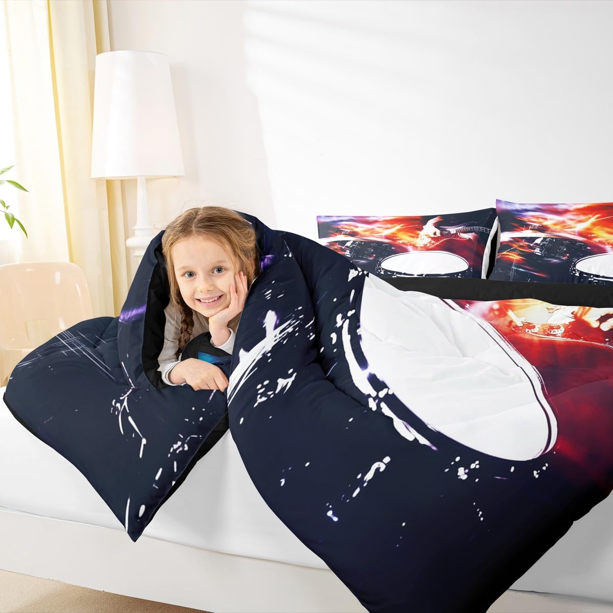 Erosebridal Guitar Drum Kit Comforter Set Queen Rock Musical Instruments Bedding Set Music Theme Comforter for Kids Boys Girls,Rock Music Lovers Quilt Duvet