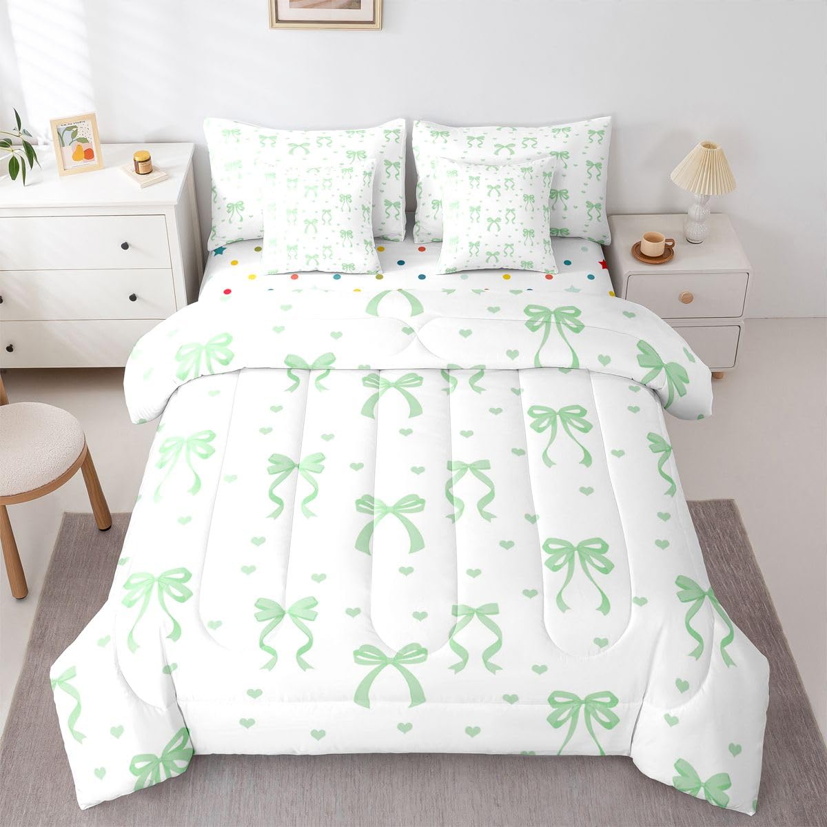 Erosebridal Coquette Bowknot Full Comforter Set Bow Tie 7 Pieces Bedding Bow Decor Bed Set with Sheets Preppy Princess Bed in A Bag Bedroom Decor