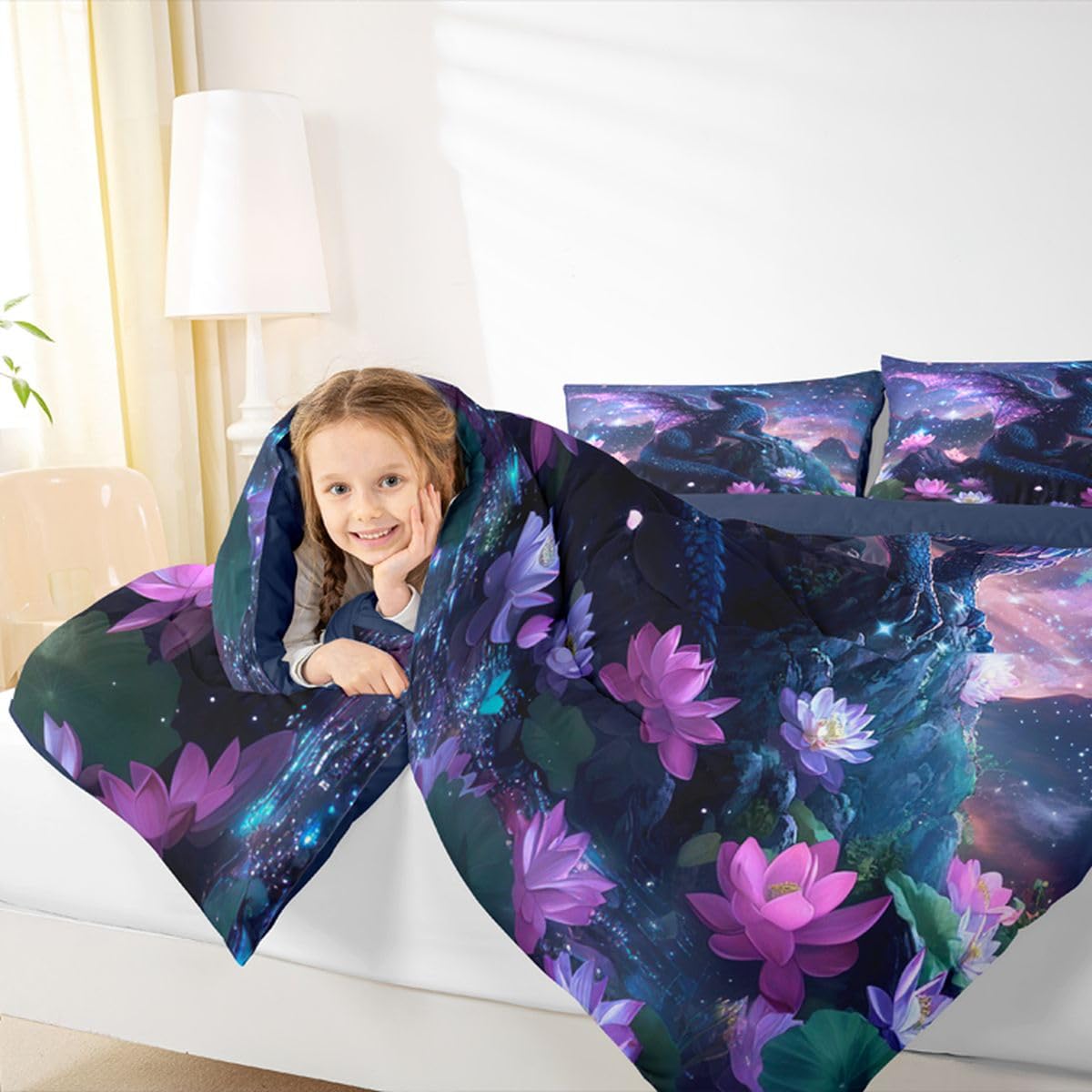 Feelyou Dragon Kids Comforter Set Twin Size Dragon Stuff Bedding Set Wild Life Duvet Quilt for Kids Boys Girls Bedroom Magic Wildlife Decor Blue Purply Ultra Soft Breathable