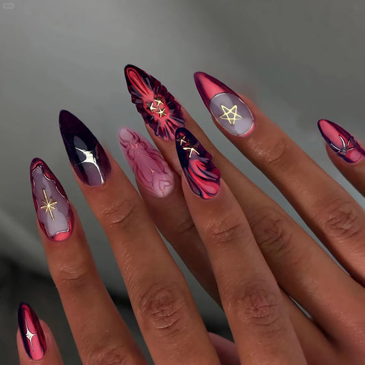 BABALAL Press on Nails Almond Medium Fake Nails Red Gold Chrome Glue on Y2k Gothic Star Design 3d Texture Handmade Supplies Art 24Pcs Punk Glossy Acrylic False Gel Nails for Women Girls Halloween