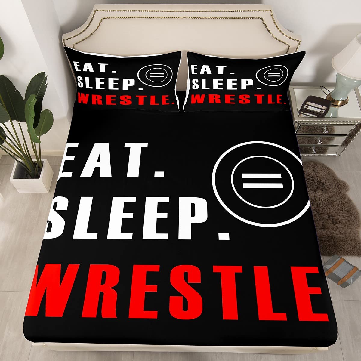 Wrestle Bed Sheet Set Sports Theme Fitted Sheet Deep Pocket Queen Size for Kids Boys Girls Teens Room Wrestling Decor Bedding Set Super Soft Bed Cover 3Pcs