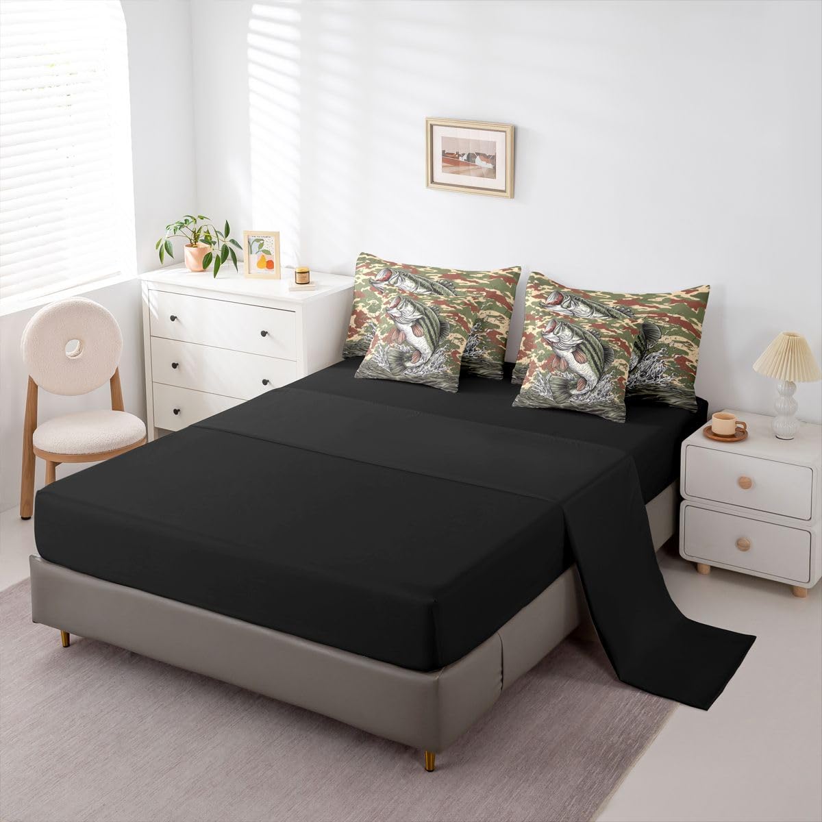 Erosebridal Fish Camo 7-Piece Bed in a Bag Full Size Camo Hunting and Fishing Bedding Set for Kids Boys Teens - Bass Fish Comforter Set with Sheets Camouflage Fishing and Hunting Duvet Insert