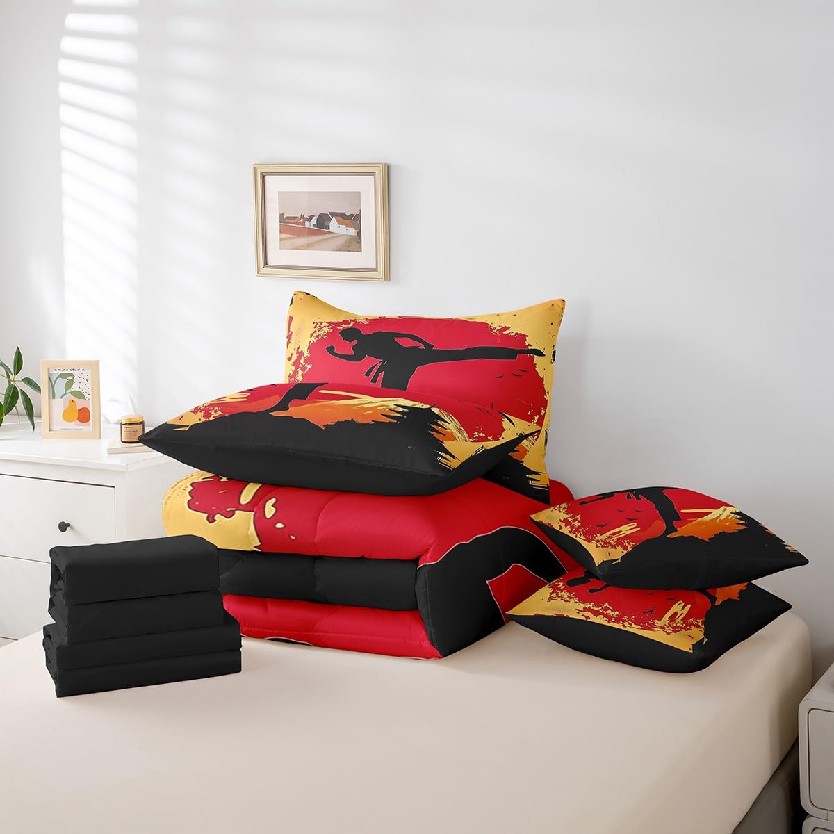 Feelyou Kids Taekwondo Comforter Set Full Size 7 Pieces Kungfu Karate Sunset Bedding Set Martial Art Japanese Style Japanese Sports Bed in a Bag with Comforter, Sheets, Pillowcases & Cushion Cover