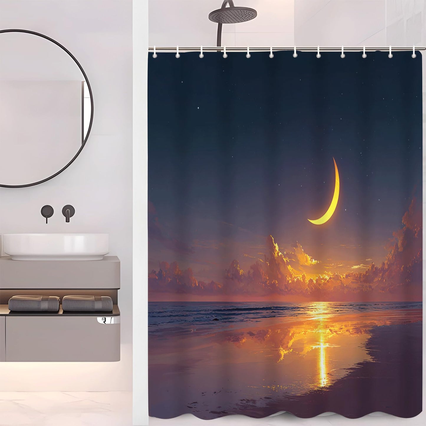 ZROLUW Moon Tropical Sea Shower Curtain 72" W x 72" L Nature Bathroom Decor Curtain with Hooks