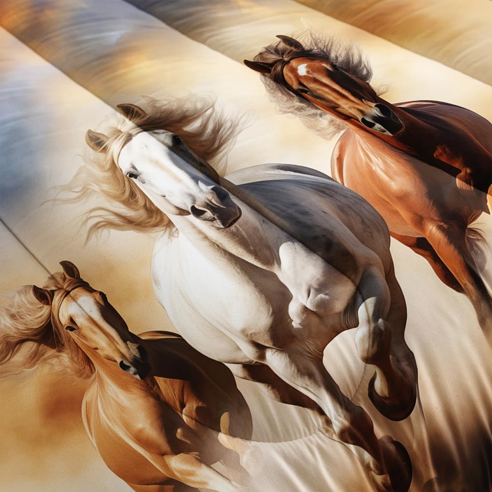 XYNHML Kid Galloping Horse Comforter Set Twin Animal Theme Handsome Horse Bedding Set Wild Animal Grey Sky Sand Decor Quilt Bed Set for Boys Girls Adult, 1 Comforter + 2 Pillowcases
