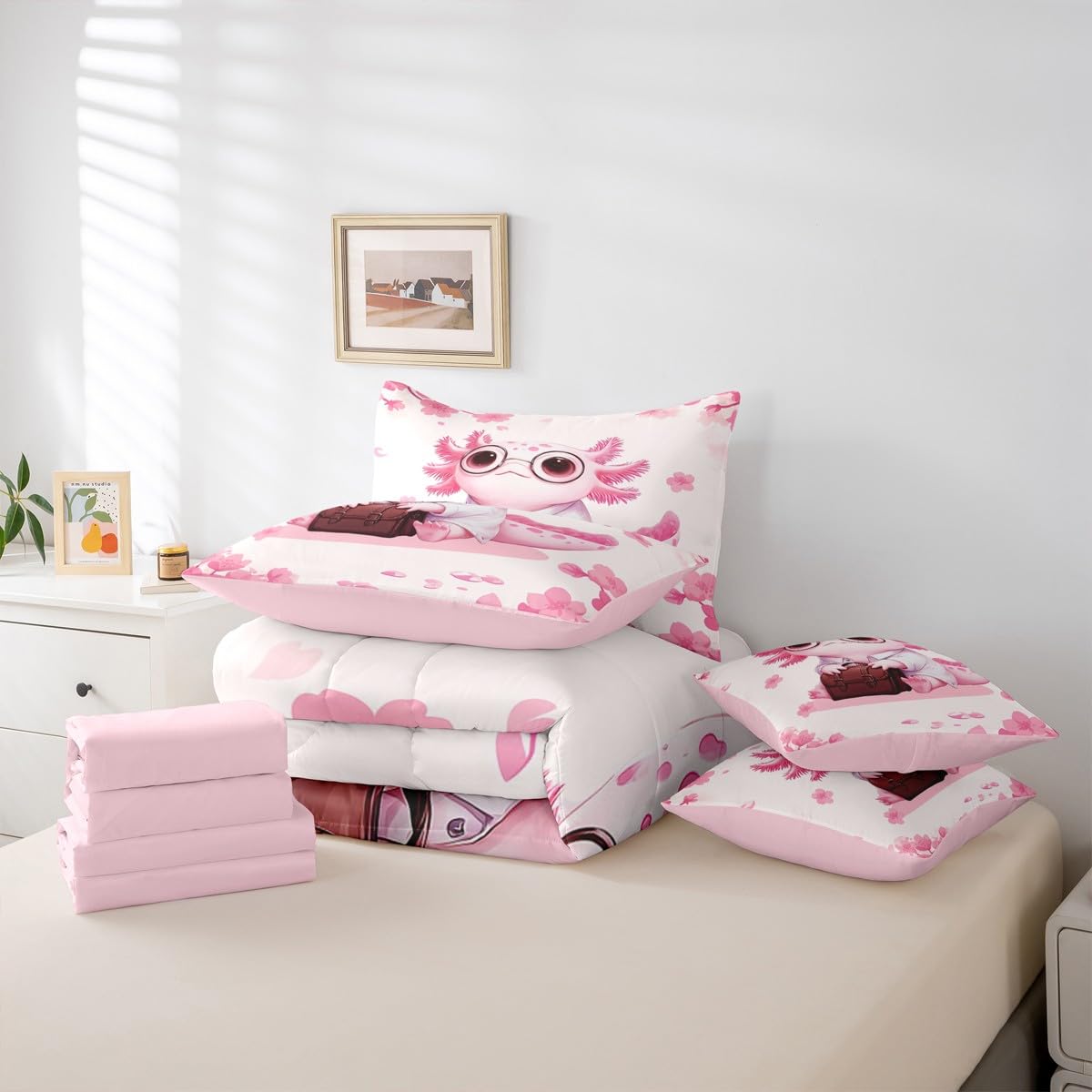 Erosebridal Pink Axolotl Comforter Set with Sheets (Queen Size,7 Pieces) | Pink Floral Cherry Blossom Quilt Cartoon Axolotl Bedding Sets Girly Cute Ocean Animal Bed in A Bag with Flat Fitted Sheets