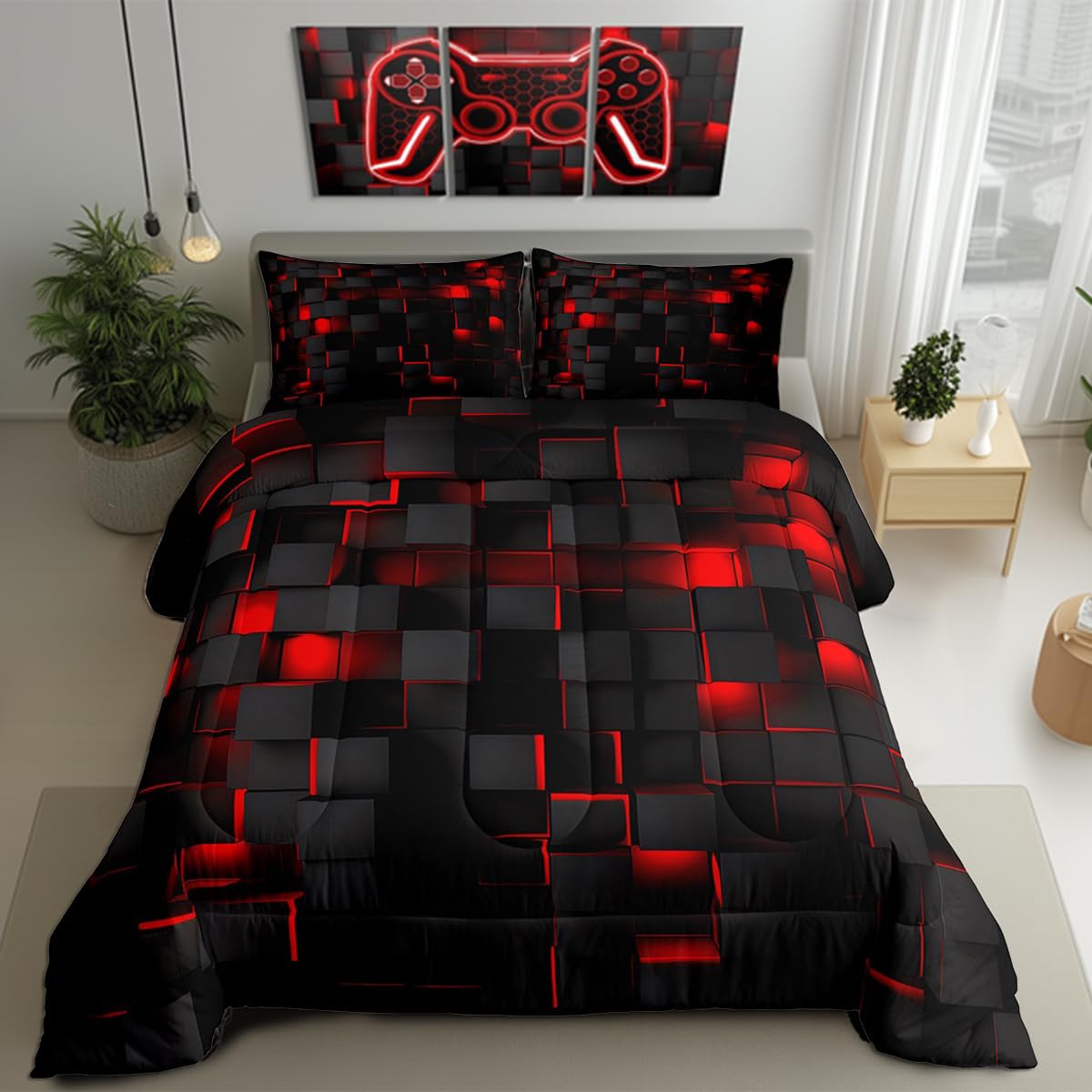 Feelyou Red and Black Bedding Set Full Size Light Geometric Comforter Set for Kids Boys Girls Decor Comforter Modern Duvet Set