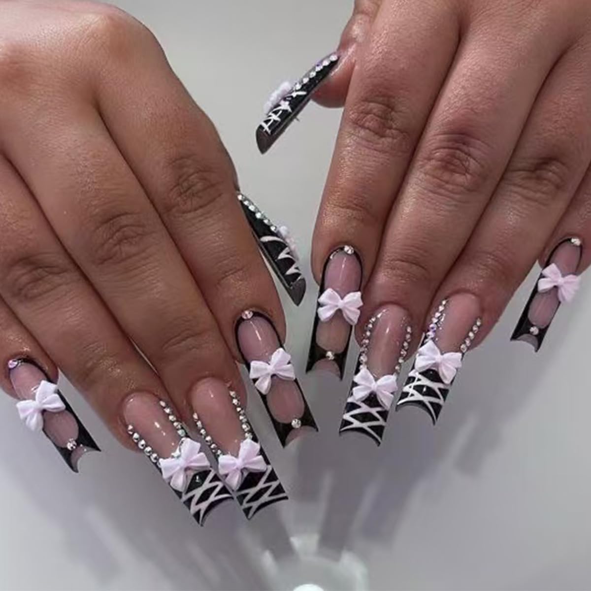 plalely Square Press on Nails Long Black Fake Nail 3D Bow and Rhinestones Acrylic Nail Press ons Stripes Stick on Nail for Women 24pcs