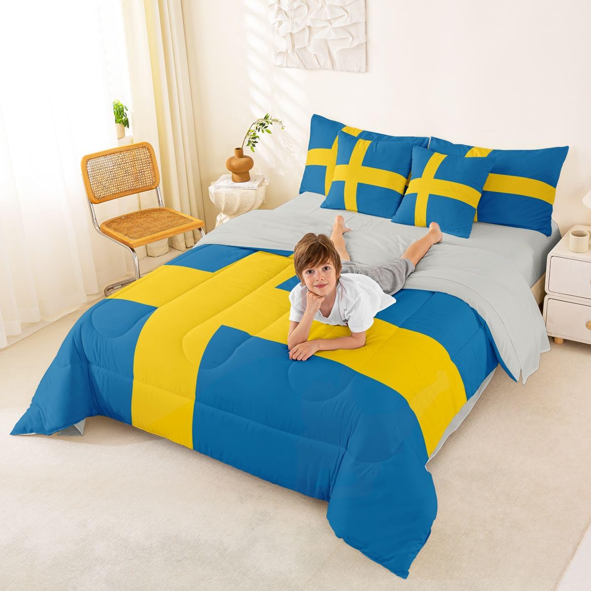 Feelyou Swedish Flag Comforter Set King Size 7 Pieces Sweden‌ Bedding Set for Kids Boys Girls World Countries Bed in a Bag with Sheets Bedroom Decor All Season Quilted Breathable Soft Lightweight