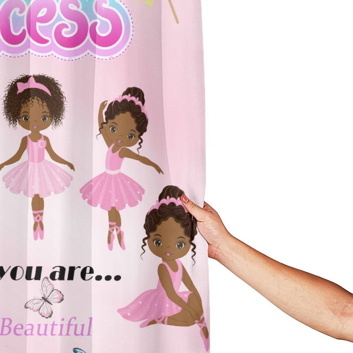 DDCBNS Ballerina Princess Pink Shower Curtain,Cute Cartoon Black Girls Print Shower Curtain for Bathroom Decor Fabric Waterproof Upholstery Hook 66x72 Inches