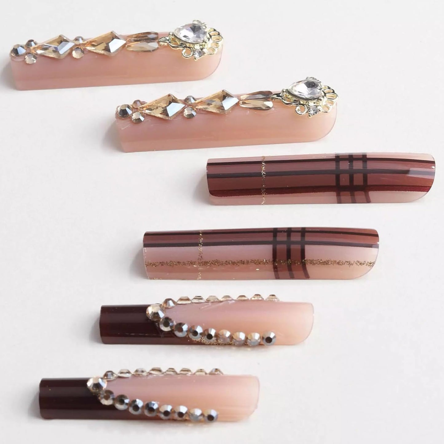 MISUD Press on Nails - Extra Long Square Glue on Nails with Fall Brown Plaid, Acrylic Rhinestone Design 24 pcs