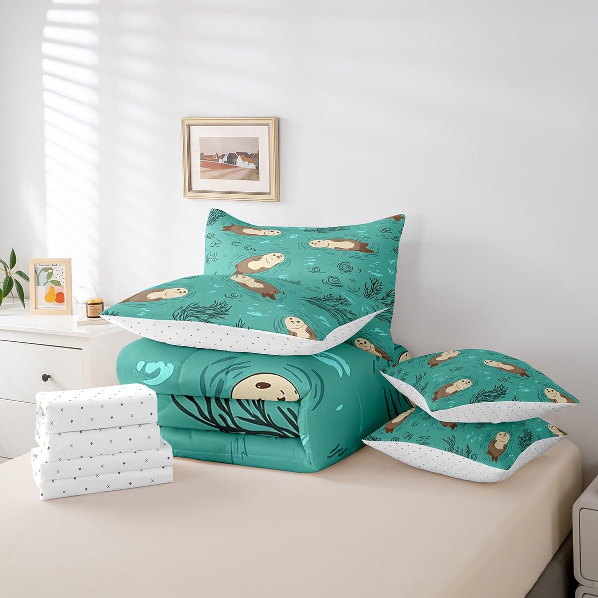 Erosebridal Otter Bedding Set for Kids Cute Ocean Animal Twin Comforter Set 7 Piece Cartoon Marine Life Bed in A Bag with Sheets for Boys Girls Blue Sea Aquatic Plants Bed Set