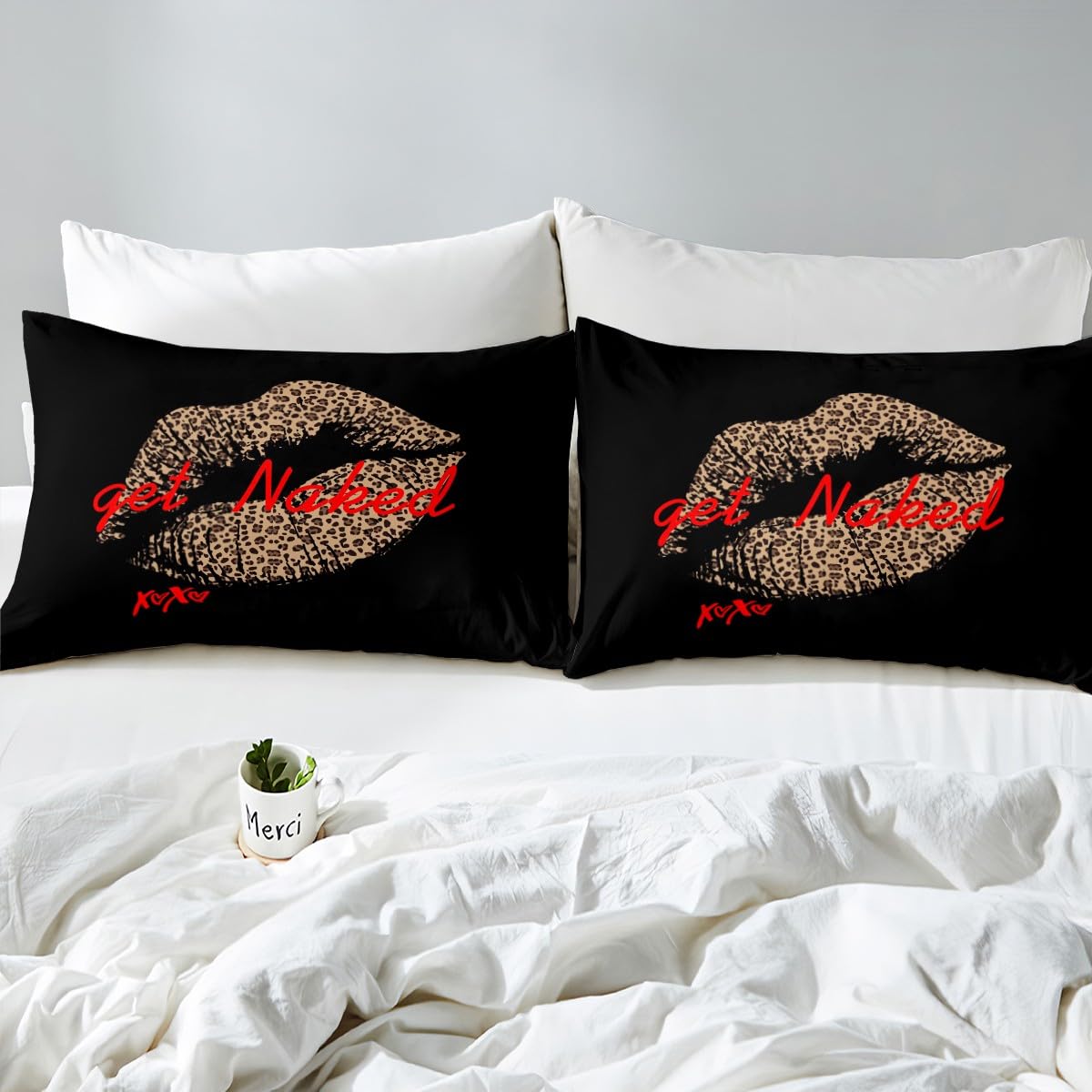 Get Naked Bed Sheet Set Sexy Leopard Print Lips Fitted Sheet & Pillow Sham Set Funny Quotes Kiss Bedding Set Charming Girls Lady Woman Bedroom Decor Black Red Brown Bed Cover No Flat Sheet Full Size