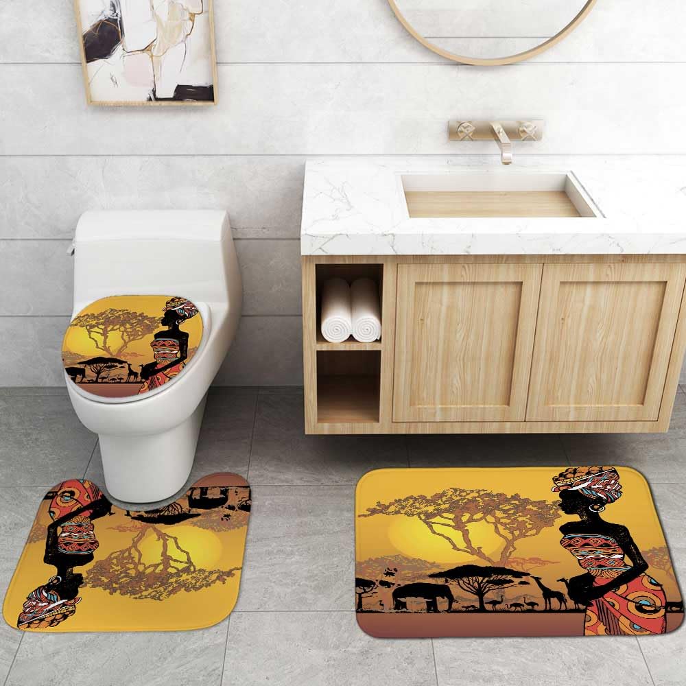 Jayden Madge 4PCS Afro Girl Shower Curtain Set, Sunset Safari Animals African Ethnic Tribal Melanin Black Women Bathroom Decor, Waterproof Fabric Yellow Shower Curtain, Non-Slip Bath Mat Toilet Rug