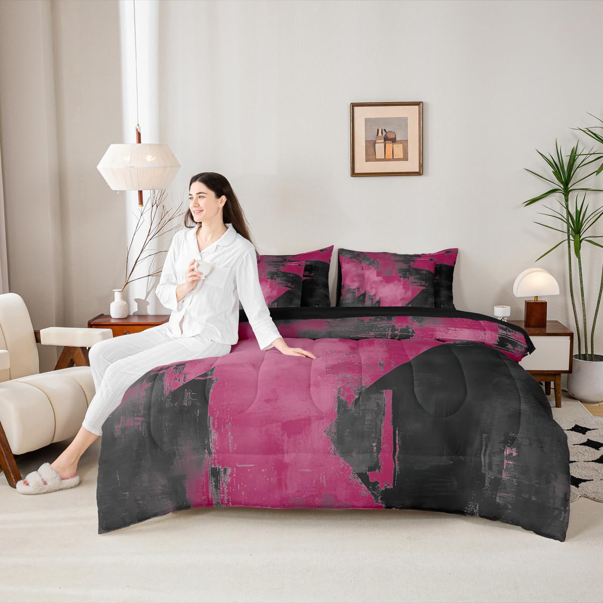 Feelyou Abstract Comforter Set with Sheets 7 Piece King Size Modern Abstract Art Bedding Set for Kids Boys Girls Luxury Bed in a Bag Geometric Room Decor Dark Rose Soft Lightweight Microfiber