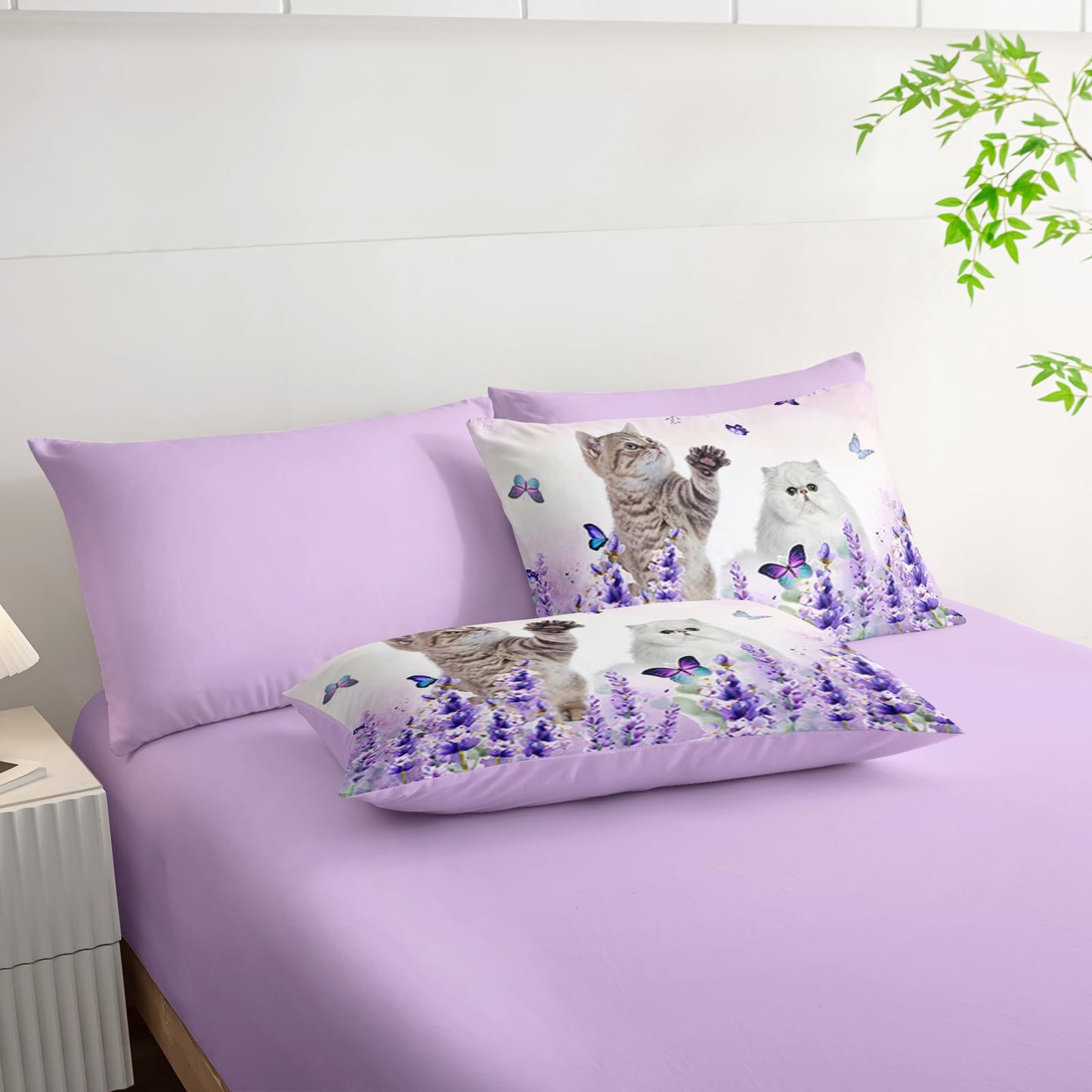 AILONEN Cat Comforter Set Twin Size, Kawaii Kitten Animal with Butterfly Bedding Set for Kids Girls,Purple Flowers Bed in a Bag,Comforter & Fitted Sheet & Flat Sheet,2 Pillowcases,2 Pillow Shams
