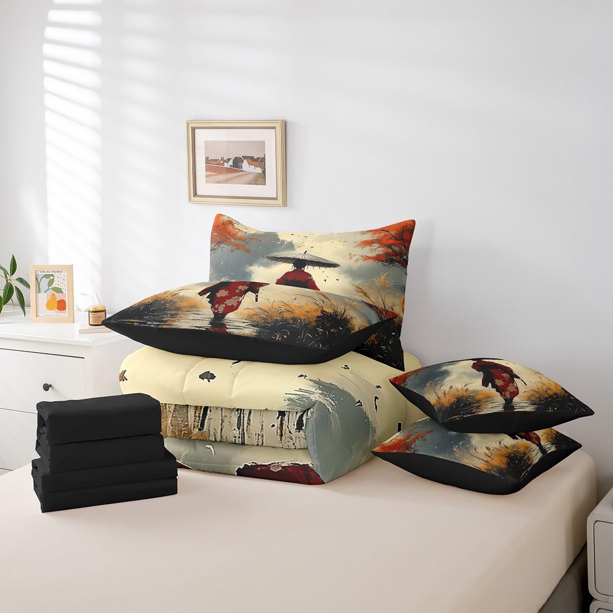 Erosebridal Aesthetic Japanese Comforter Set Twin,Japan Kimono Bed in a Bag for Girl Women Lady,Samurai Ukiyoe Bedding Set 7Pcs,Japan Scenery Quilt