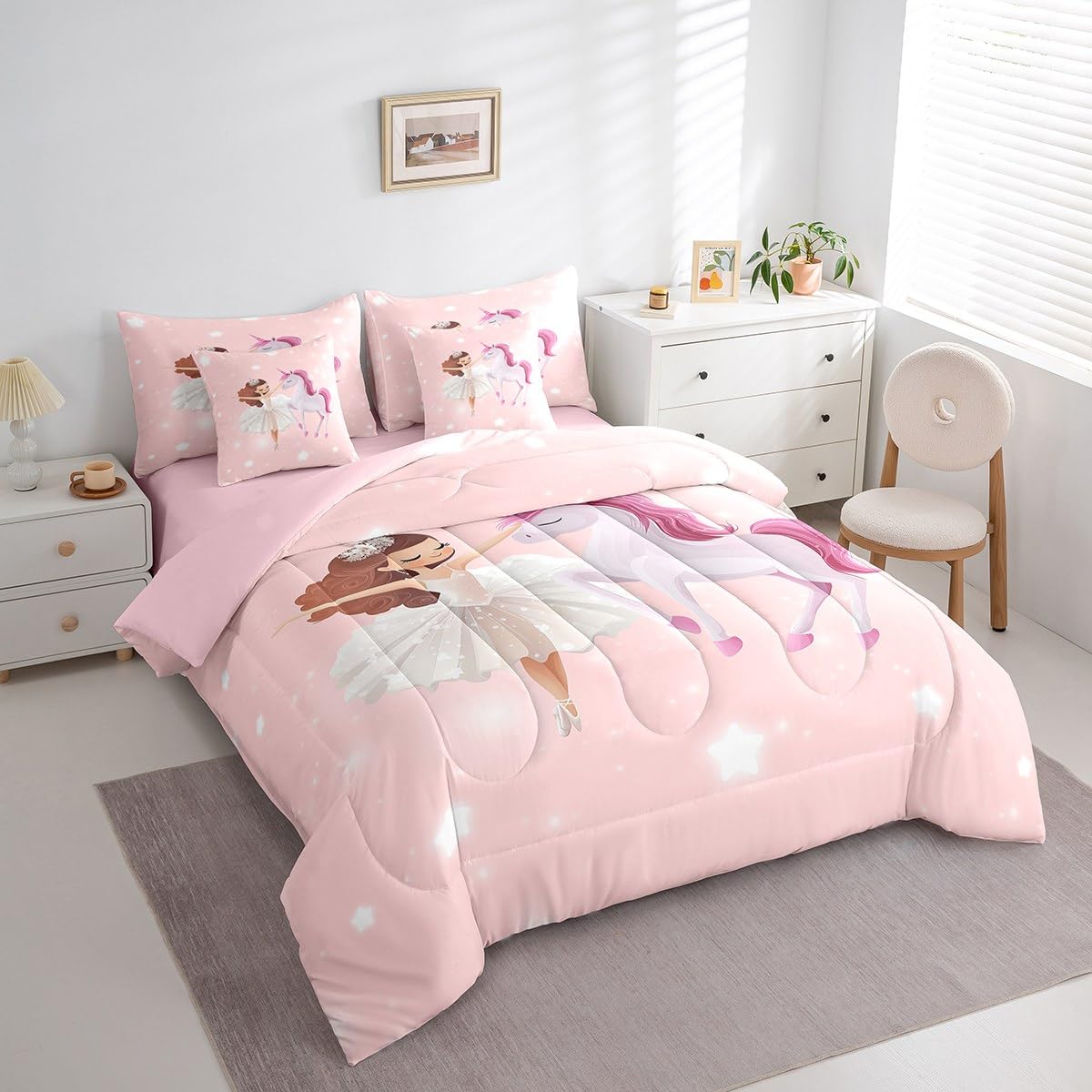 jejeloiu Love Gymnastics Girl Bed Set Dancer 7 Pieces Bedding Set for Kids Unicorn Glitter Bed in a Bag with Comforter, Sheets, Pillowcases Ultra Soft Lamp All Season Breathable Lightweight Twin Size