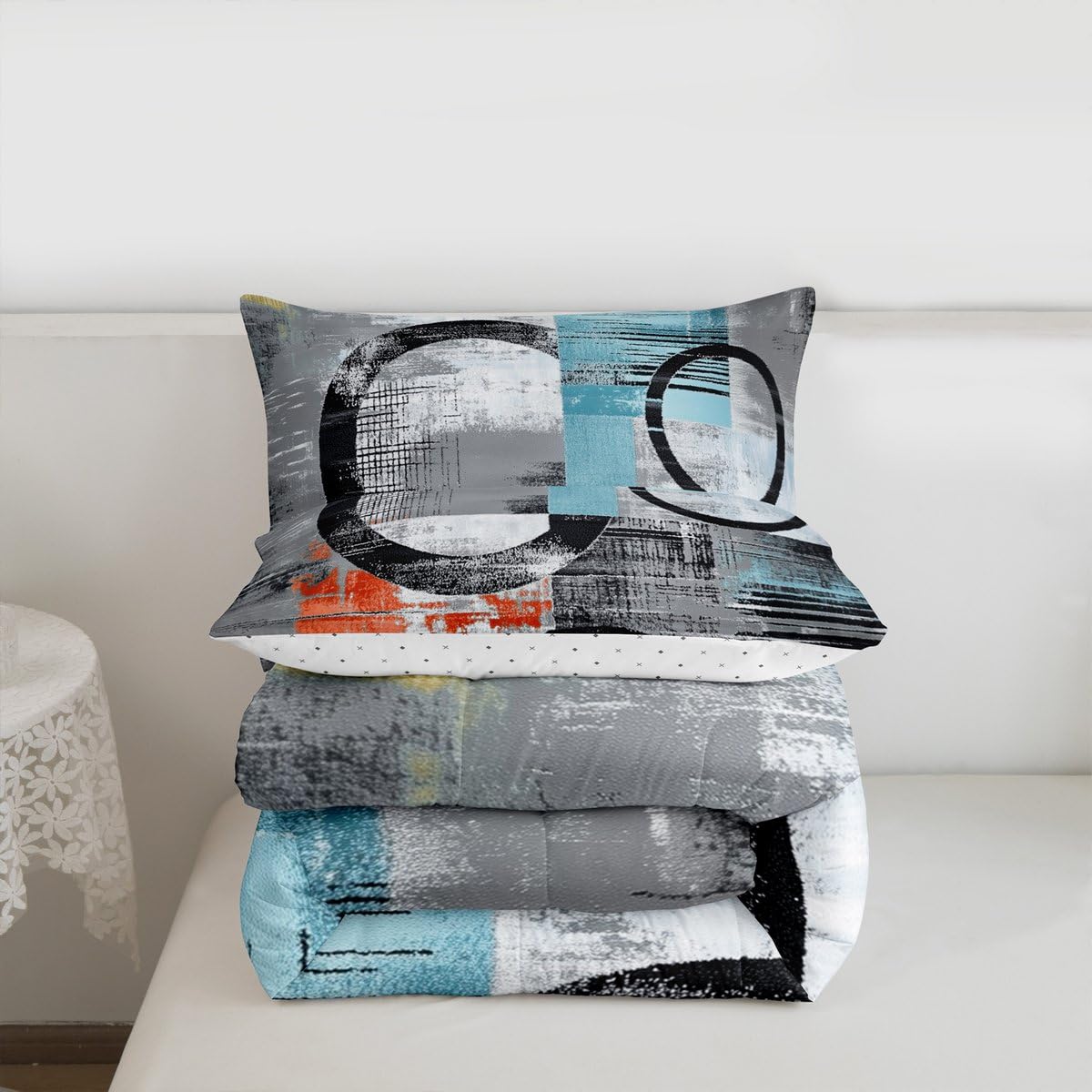 Feelyou Abstract Bedding Set Soft Modern Abstract Art Comforter Set Full Size Geometric Duvet Quilt Luxury Bedroom Decor Orange Blue 3 Pcs with 2 Pillow Cases