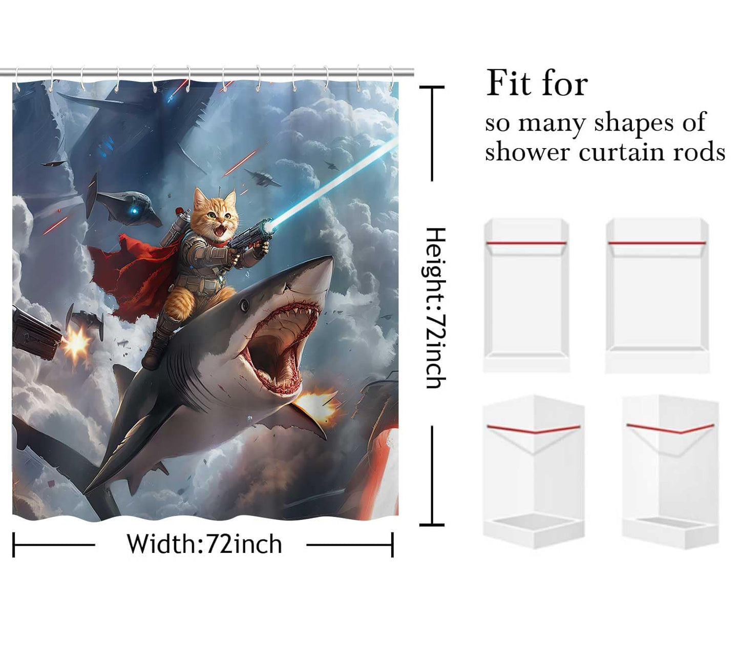 Dizifinn Funny Shower Curtain, Hilarious Cool Cat Shower Curtain, Blue Cool Cat Riding Shark Ocean Wave Shower Curtain for Bathroom, Funny Kids Boy Shower Curtain Sets, with Hooks 72x72 Inch