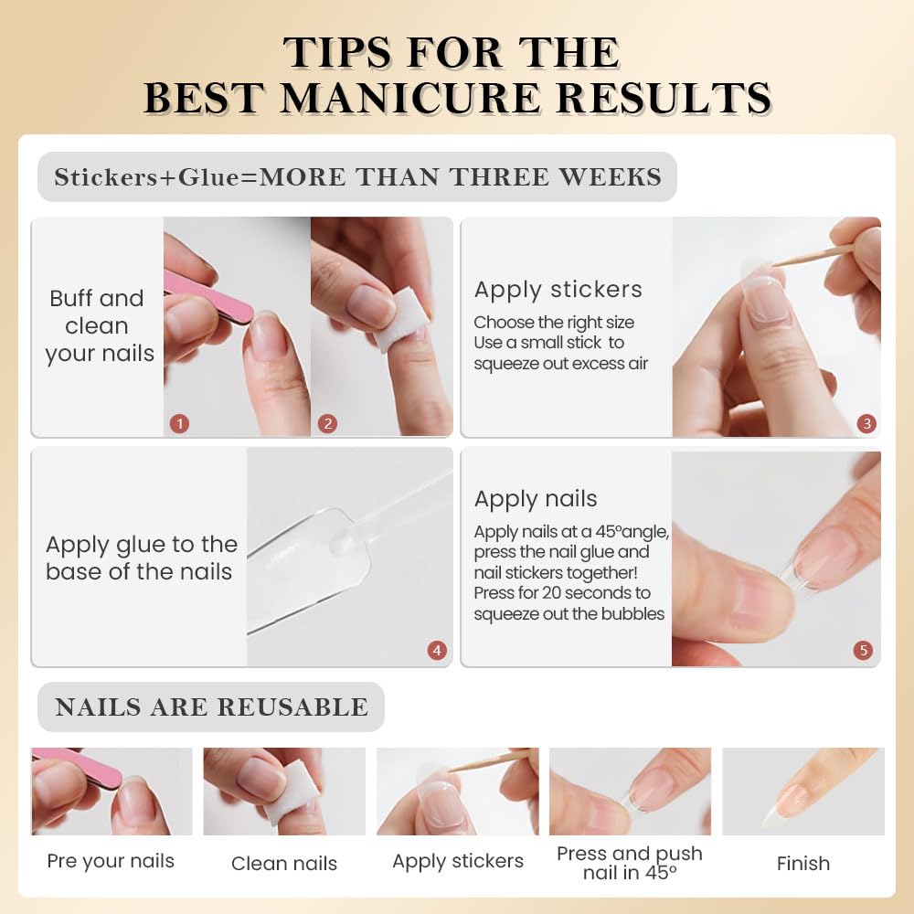 3D French Press on Nails Short Square with Flower Design, Nude Nail + White Tip Glossy Stick on Nails for Women with Kit, Reusable Soft Gel Stick on Fake Nail with Gold Line Designs Perfectly Fit