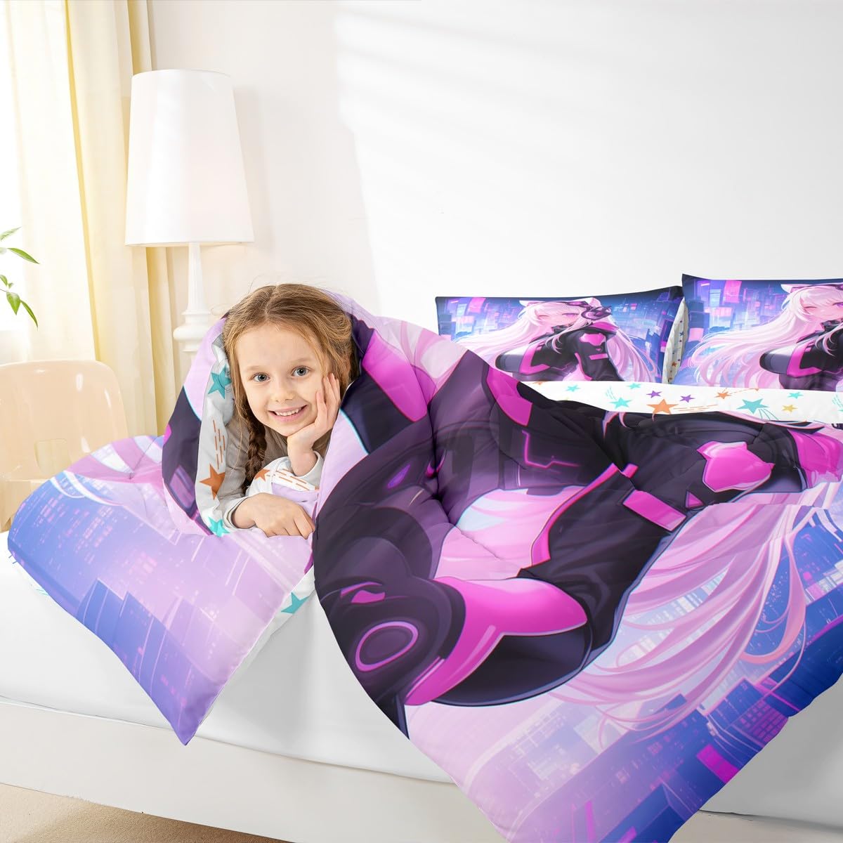 Erosebridal Twin Anime Girl Comforter Set 2 Piece, Kawaii Japanese Anime Bedding Set Cartoon Girl Bedding Comforter Sets Sci Fi Style Japanese Animation Quilt for Kids Girls Teens Adult Room
