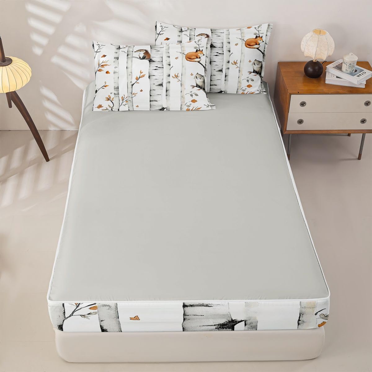 Erosebridal Cartoon Animals Zipper Comforter Set Twin Woodland Forest Bedding Set for Kids Rustic Cabin Lodge Bed in a Bag Fox Hedgehog Wildlife Botanical Branches Decor Zippered Quilt Fitted Sheet