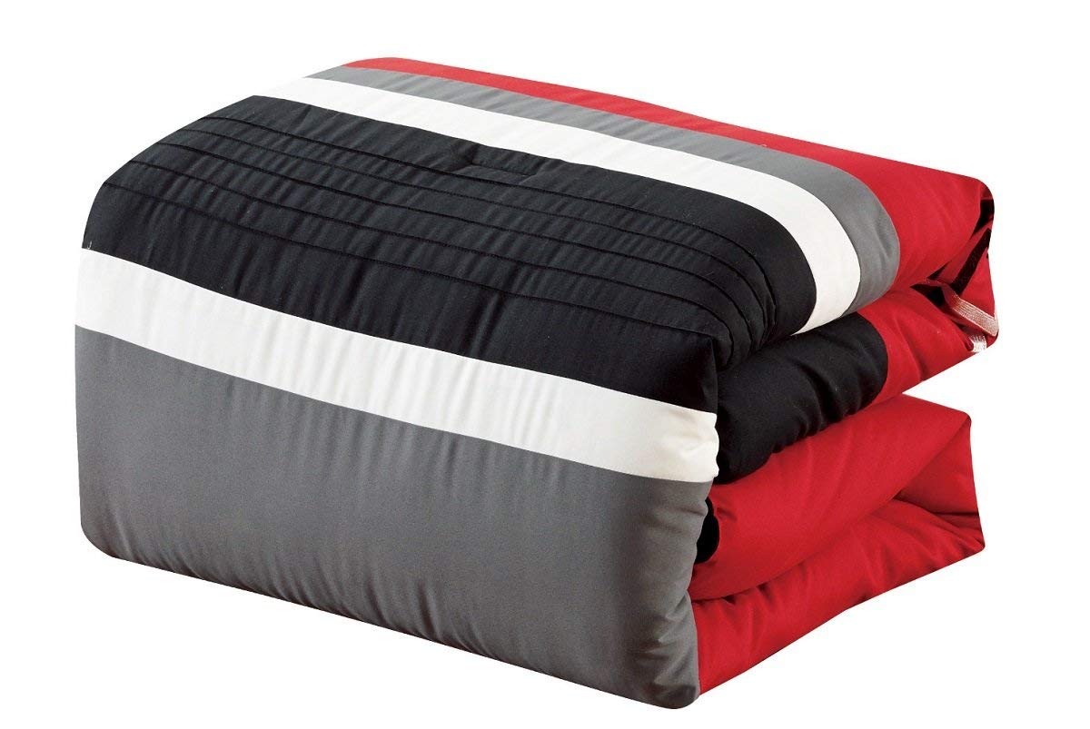 Chezmoi Collection Arden 7-Piece Modern Pleated Stripe Embroidered Zigzag Bedding Comforter Set (King, Red/Black/Gray/Off-White)