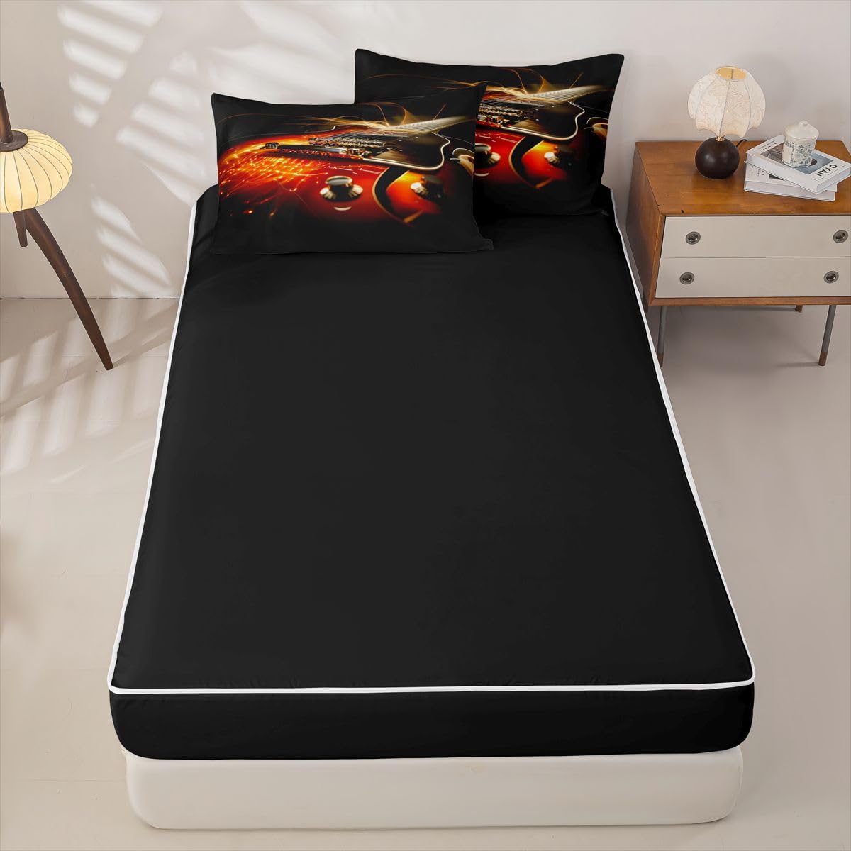 Erosebridal Guitar Zipper Comforter Set Twin 3D Bedding Set Electric Guitars Print Bed in a Bag Rock Music Theme Zippered Quilt Fitted Sheet,2 Pillowcases