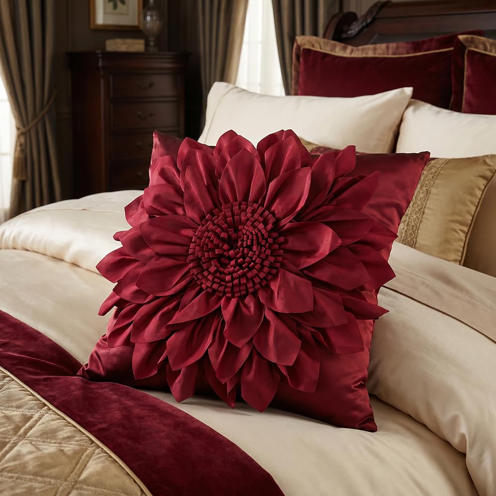 Bella's Giftshop 3D Sunflower Decorative Throw Pillow Covers for Bed Sofa Couch Car, Accent Floral Taffeta Cushion Cover, Handmade Pillow Cases Living Room Decor, 17x17 Inch-Burgundy