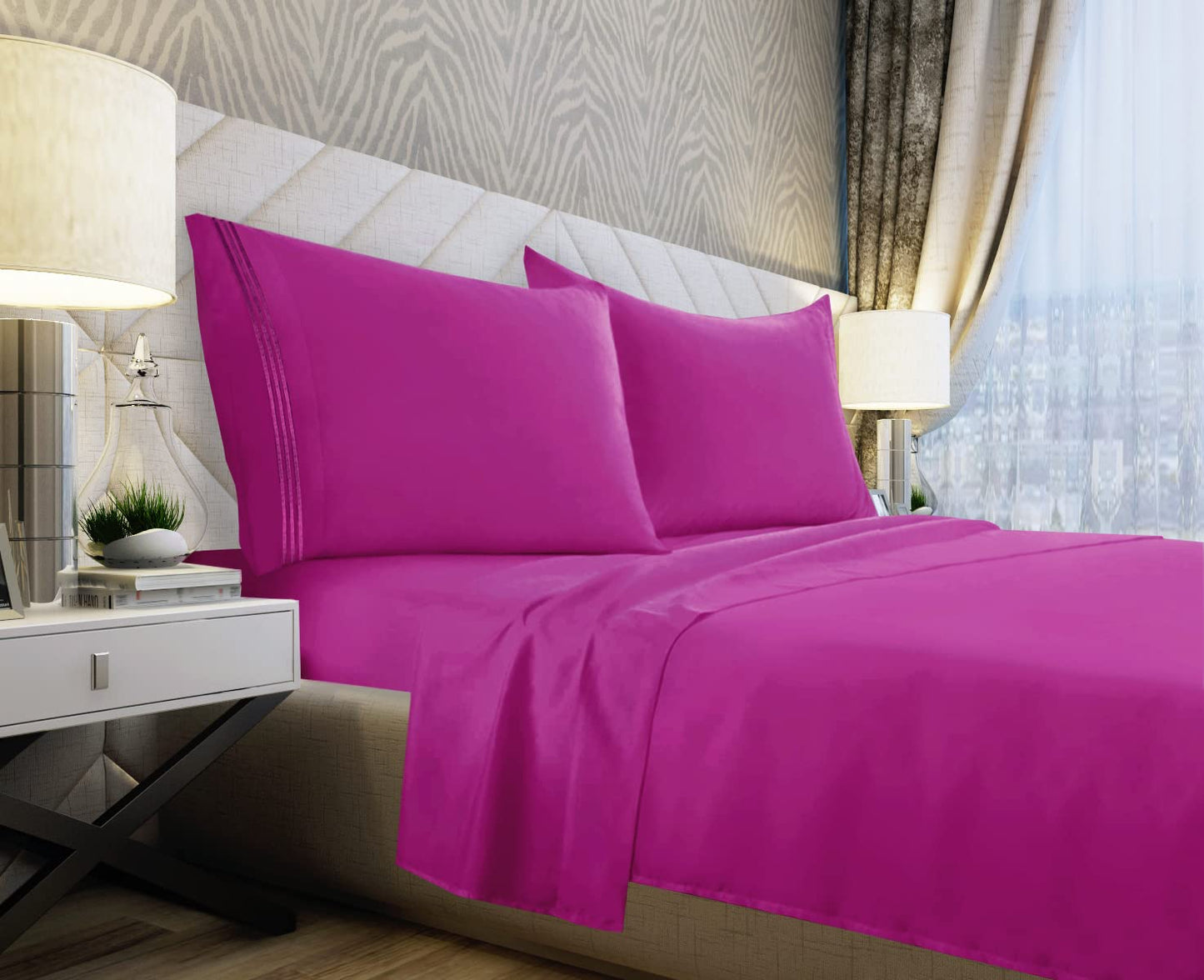 Vacco Queen Sheet Set - Luxury Hotel 1800 Series 4-Piece Bedding Sheets & Pillowcases - Ultra Soft Breathable & Cooling Bed Sheets - Deep Pocket - Wrinkle Resistant - 4 Piece Set - Queen, Hot Pink